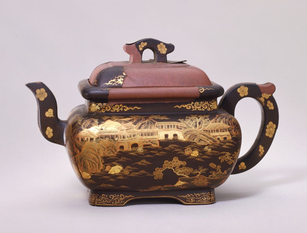 图片[2]-Yixing kiln purple sand black paint painted gold square pot-China Archive